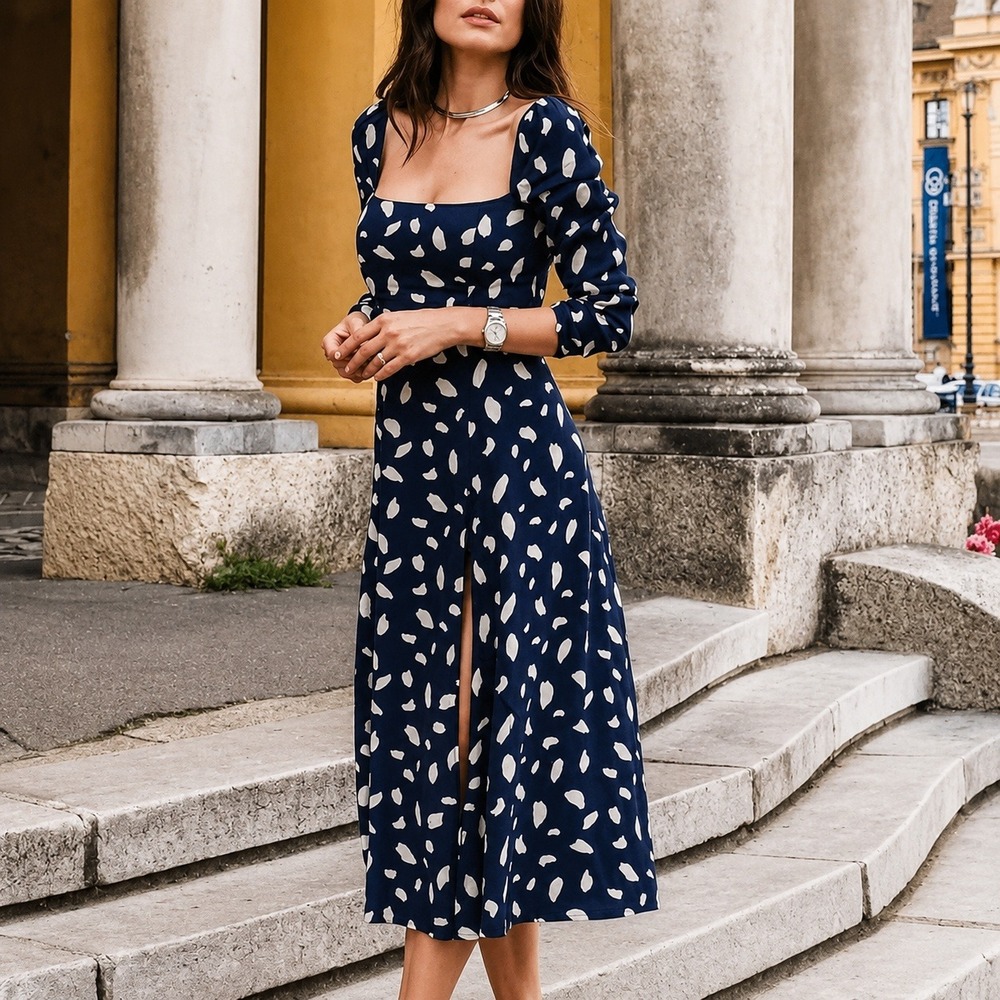 Reformation Navy Sigmund Long Sleeve Midi Dress Splatter Print Size 6